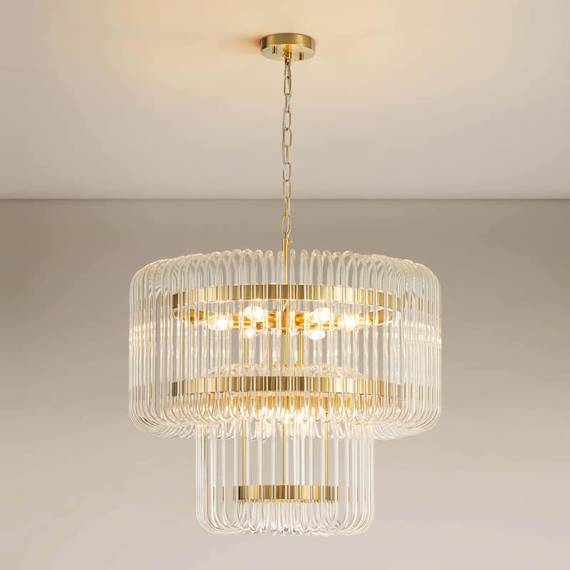9-Light Modern Glam Drum Crystal Chandelier for Dining Room/Living Room 2-Tiered Round Chandelier Kitchen Island Pendant Light