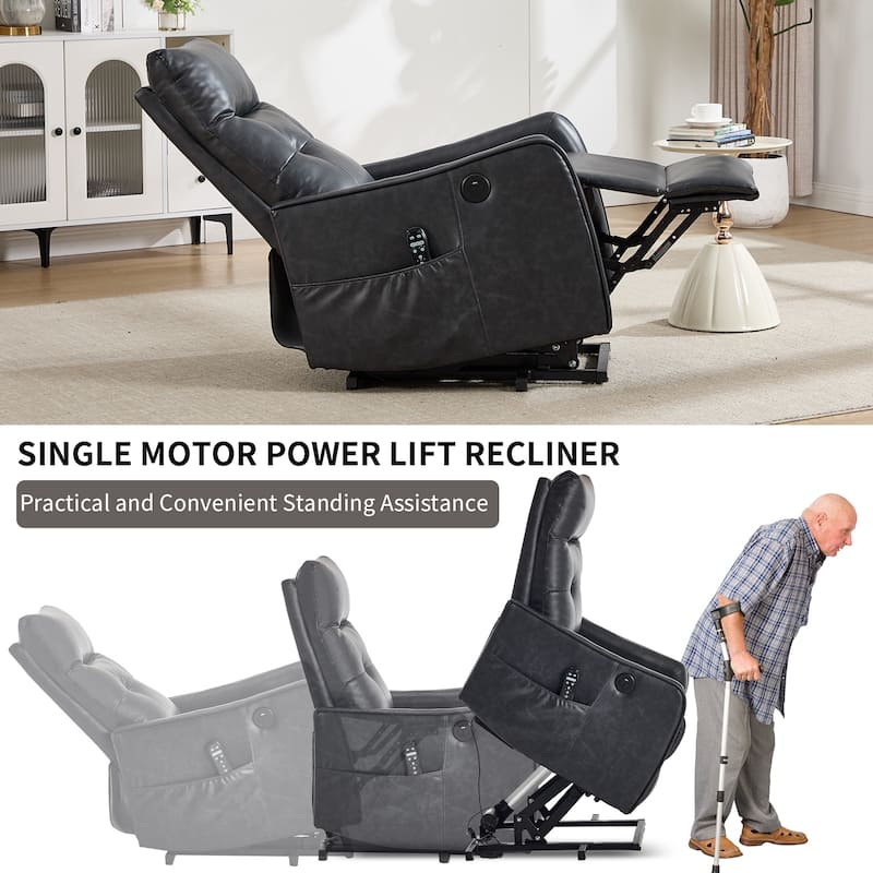 PU Leather Recliner with Single Motor Lift Massage Heat and 155 Degree Recline