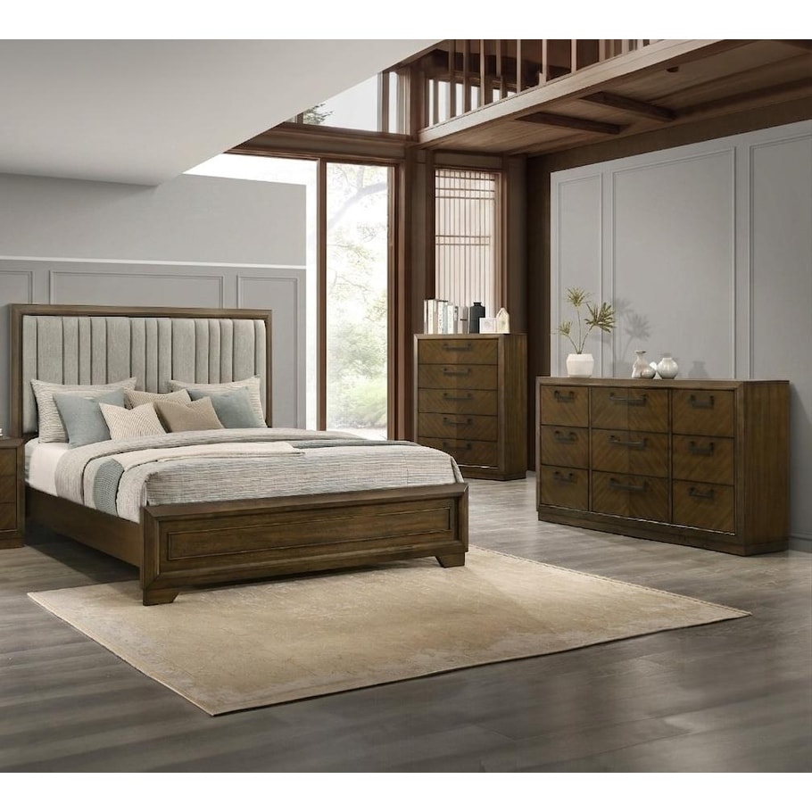 Brown Upholstered Panel Bed Chest Dresser Set 3pc Bedroom Wooden Furniture