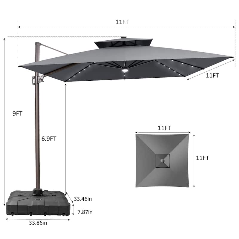 11X11 FT Outdoor Patio Cantilever Umbrella Solar LED Lighted with Wheel Base