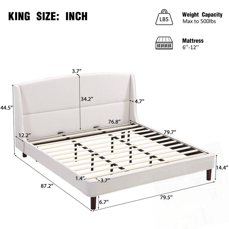 King Size Bed Frame Upholstered Platform Bed with Wingback Headboard