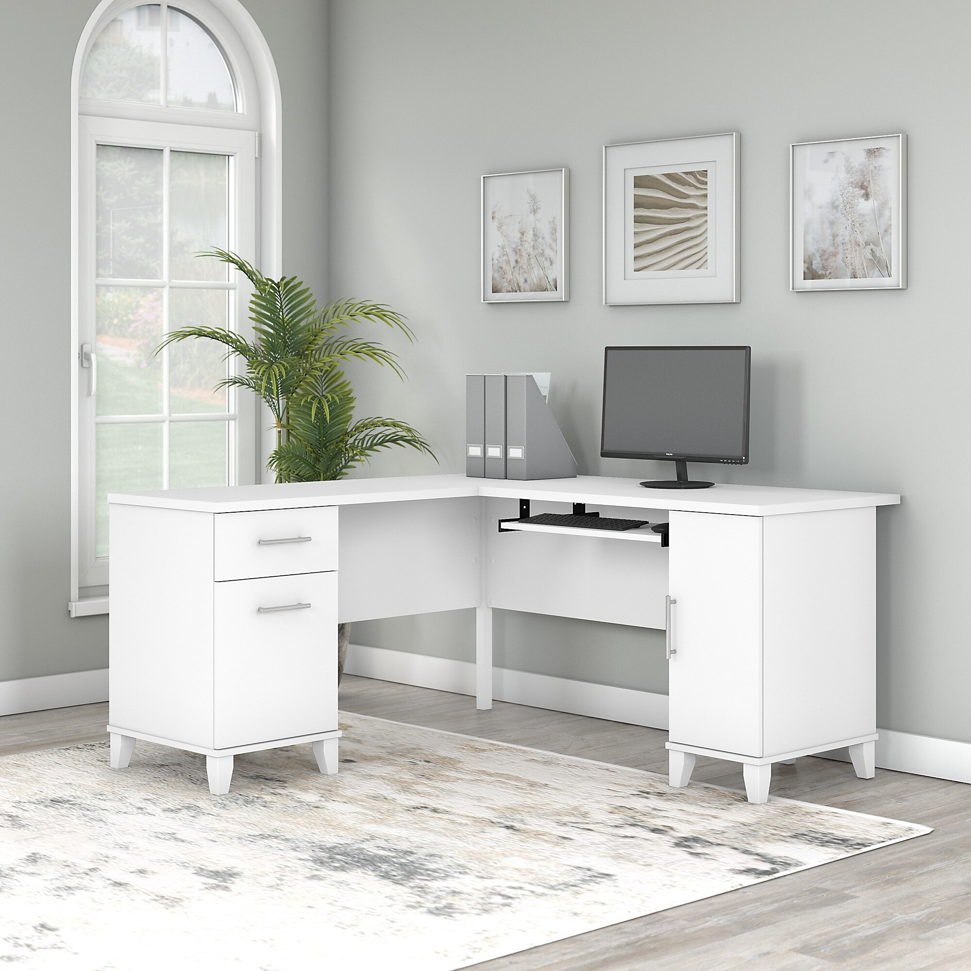 Bush Furniture Somerset L Shaped Desk with Storage White and Storm Gray 60W Bush Furniture Somerset L Shaped Desk with Storage White and Storm Gray 60W