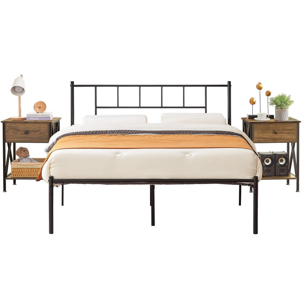 VECELO 3-Pieces Bed Frame with Wood Headboard and Modern Nightstands Set of 2