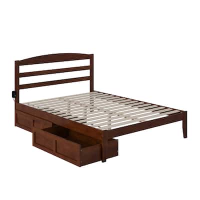 Vintage Platform Bed with Drawers, Queen Size Bed Frame, Walnut Finish, Modern Bedroom Furniture