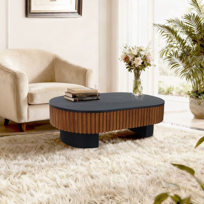 GDFStudio Nyverra Solid Wood Veneer Elliptical Coffee Table with Hidden Storage and Removable Top
