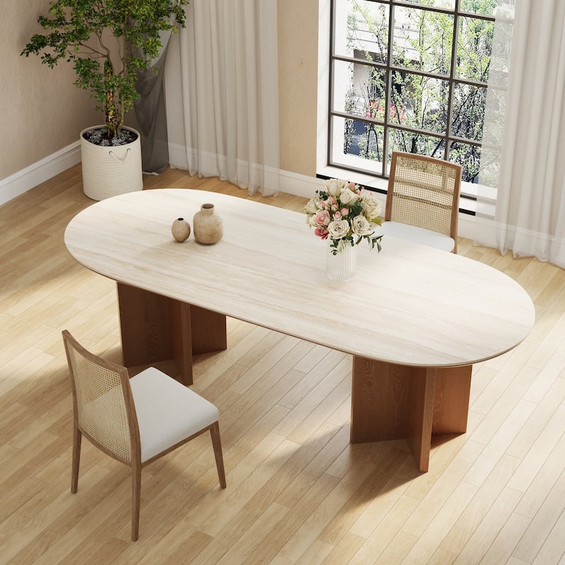 Modern 71" Rectangle Dining Table with Wood Legs, Stone Table-top - 71