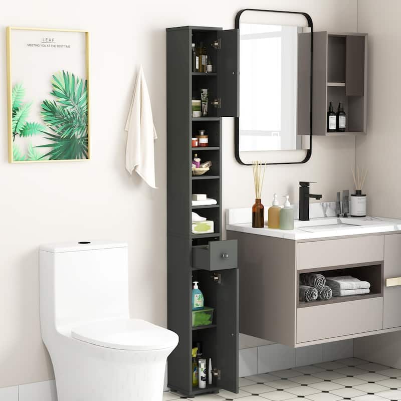 Gymax Tall Slim Bathroom Storage Cabinet Linen Tower w/Drawer