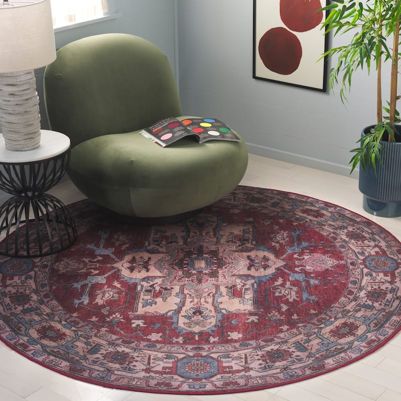SAFAVIEH Tucson Machine Washable Slip Resistant Salome Oriental Medallion - 8' x 8' Round - Red/Beige