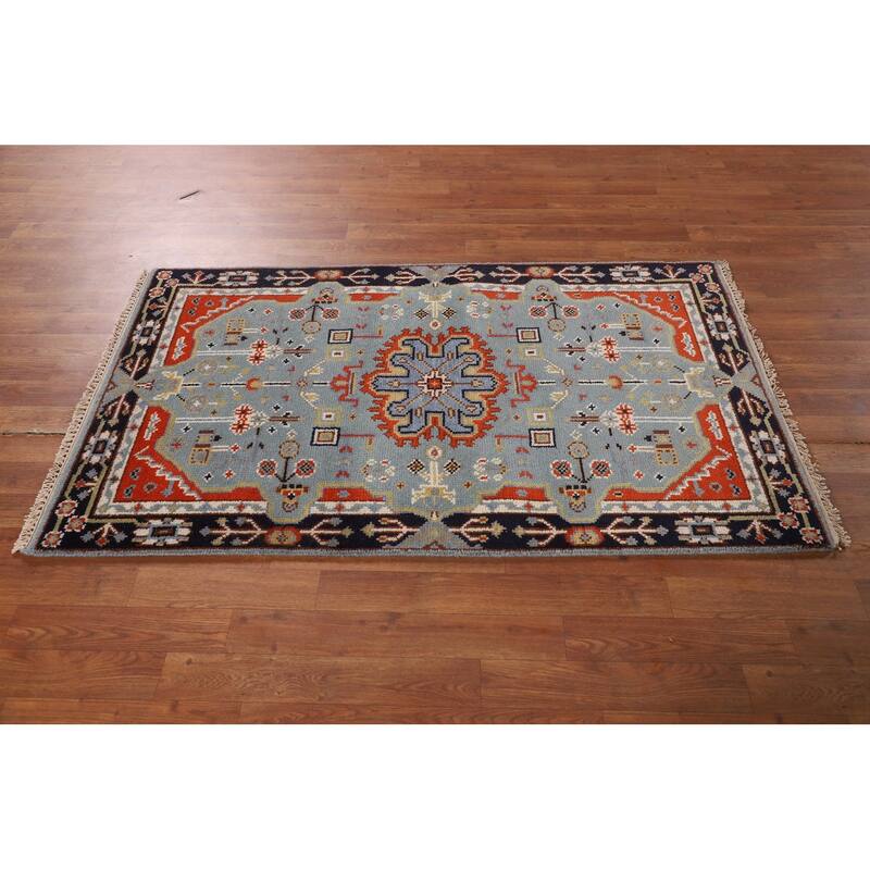 Light Blue Geometric Kazak Rug Hand-Knotted Wool Carpet - 3'0" X 5'2"