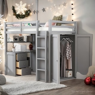 Twin size Loft Bed with Drawers, Desk and Wardrobe, Space-saving, Grey