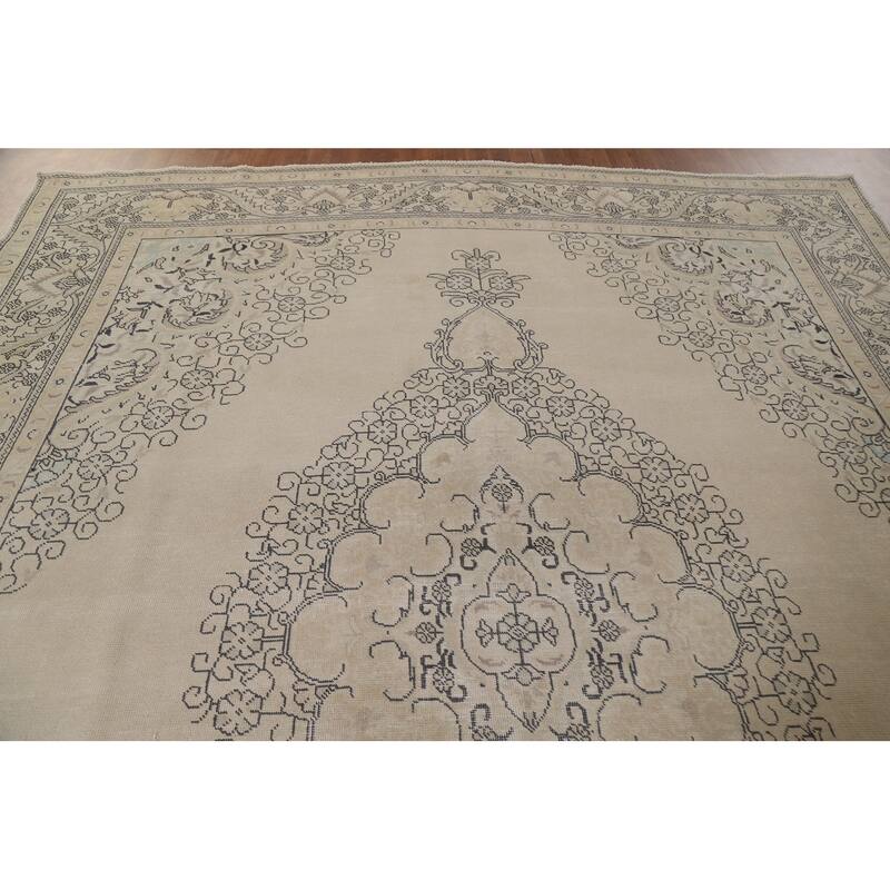 Hand Knotted Oriental 100% Wool Carpet Traditional Floral Beige & Ivories Tabriz Area Rug - 12' 4'' X 9' 4''