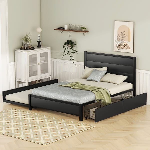 slide 2 of 3, Metal Full Size Storage Platform Bed with Twin Size Trundle and 2 Drawers, Black Black