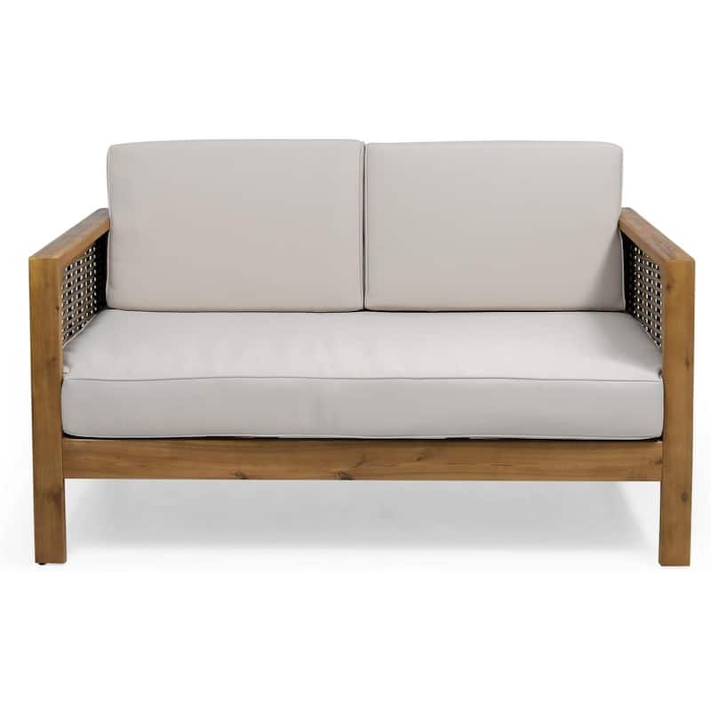 Roomfitters 4-Seater Acacia Wood Outdoor Chat Set with Wicker Accents and Cushions, Teak Beige