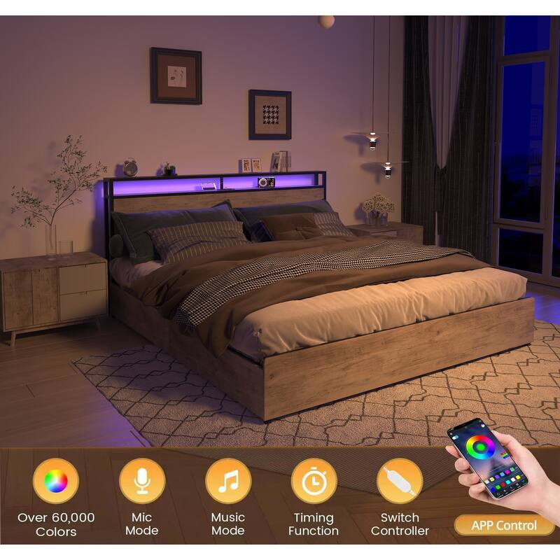 Metal Platform Bed Full Bed Frame with Storage Headboard, LED Lights & Charging Station, 4 Storage Drawers, Noise-Free,Gray Wash