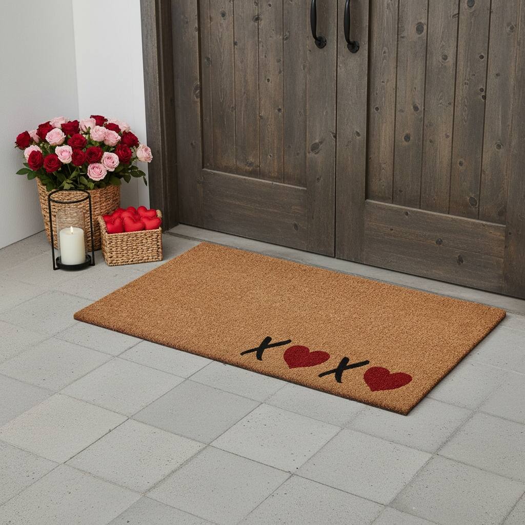 HomeRoots 24" X 48" Brown Black And Red Valentine's Day Heart XOXO Outdoor Coir Door Mat - 24.00' X '48.00