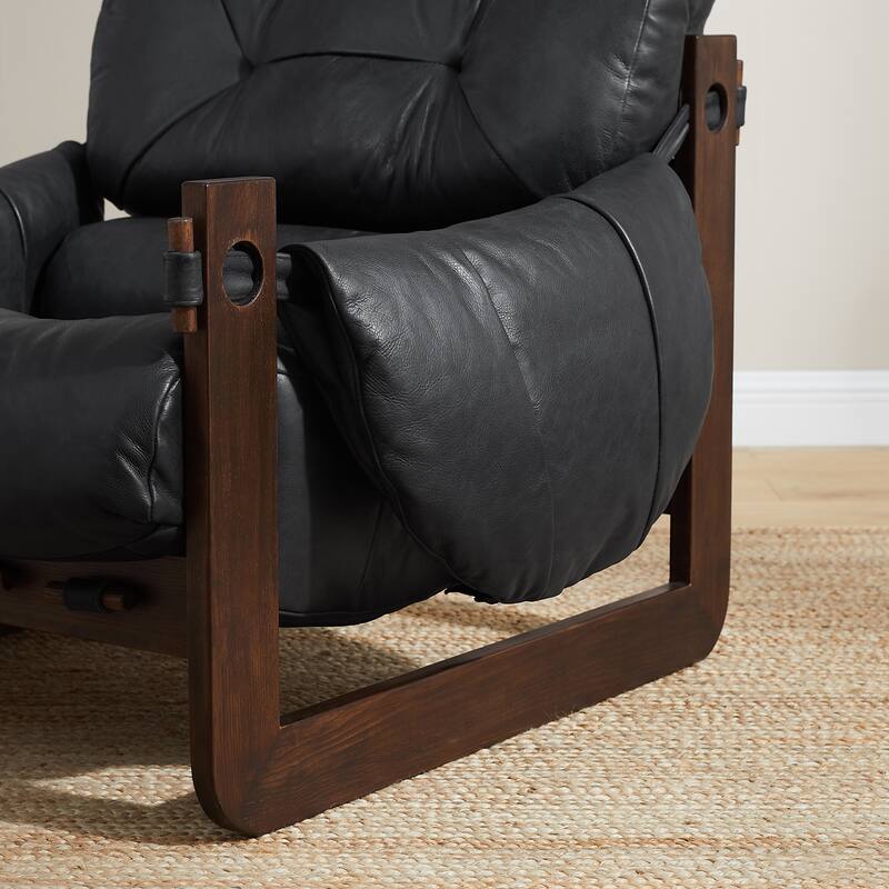 Art Leon Genuine Leather Accent Chair with Ash Wood Legs