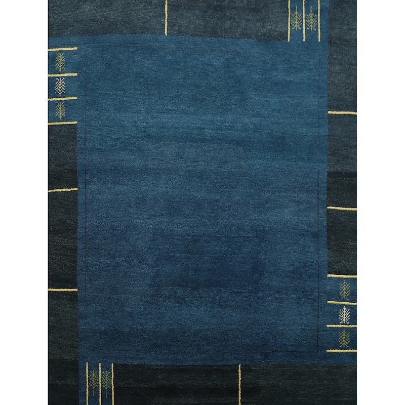 Hand Knotted Oriental 100% Wool Carpet Modern Bordered Navy Blue & Blues Gabbeh Area Rug - 6' 9'' X 6' 3''