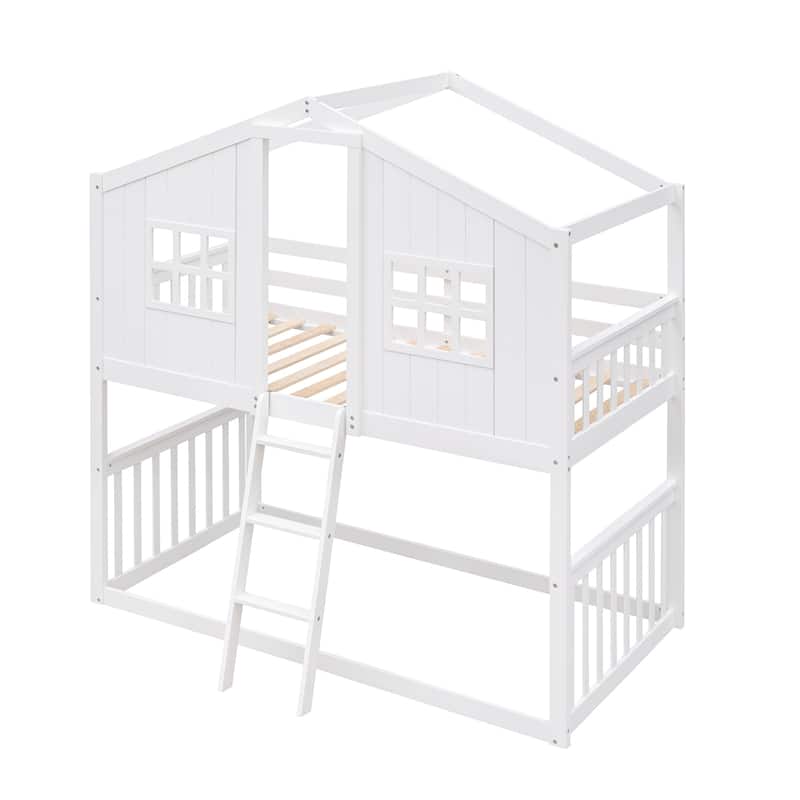 Playhouse Style Kids Bunk Bed with Fence, Twin Over Twin House Bed with Roof, Window, Ladder and Solid Pine Wood Frame