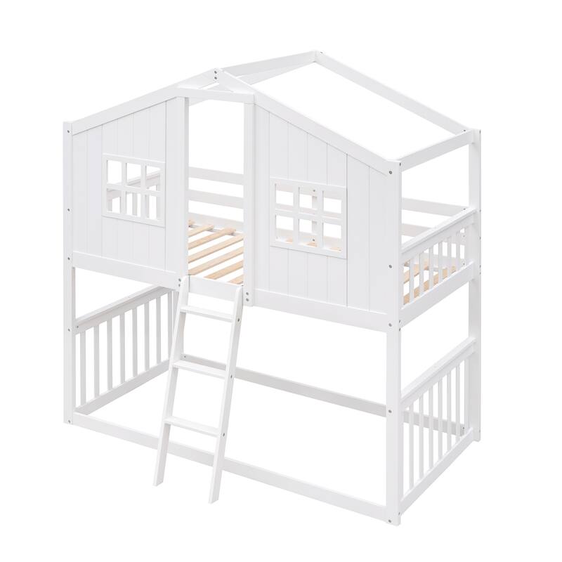 Roomfitters Twin Over Twin House Bunk Bed with Ladder, Playhouse Design Wood Frame