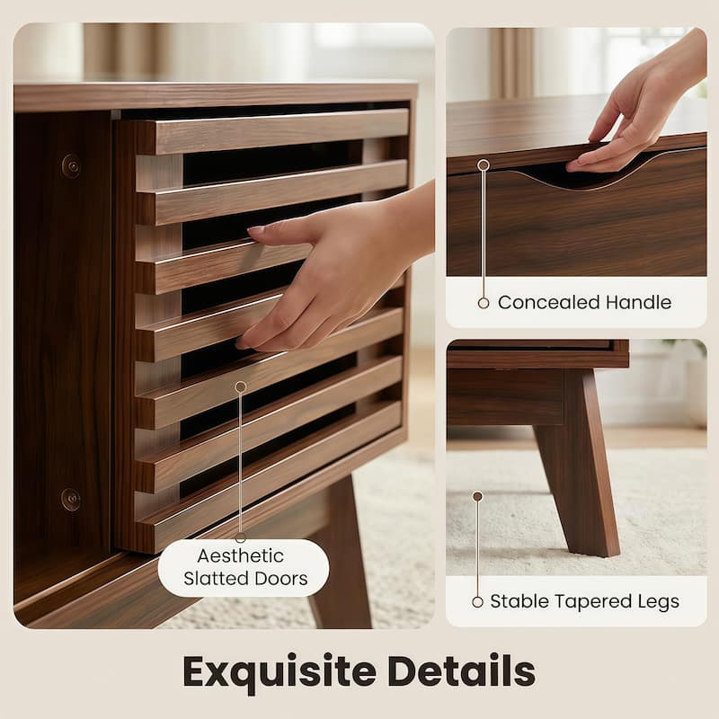 35.4"Lift Top Coffee Table with Storage, Mid Century Modern Coffee Table with Slatted Sliding Door and Hidden Compartment