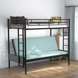 Black Twin over Full Metal Bunk Bed with Fence and Multi-Function Design