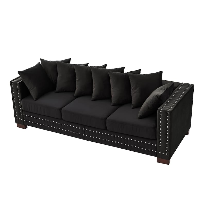 Roomfitters Modern Velvet Sofa with Square Armrests, Upholstered Couch with Silver Nailhead Trim for Living Room