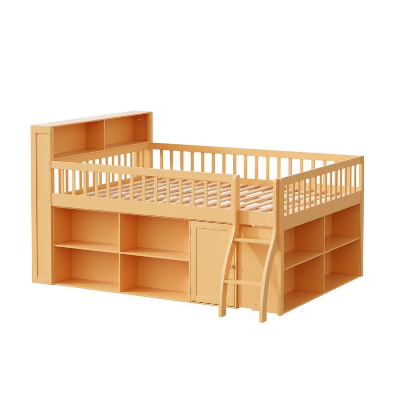GDFStudio - PureSpace Modern Wooden Queen Loft Bed with Storage and LED Headboard