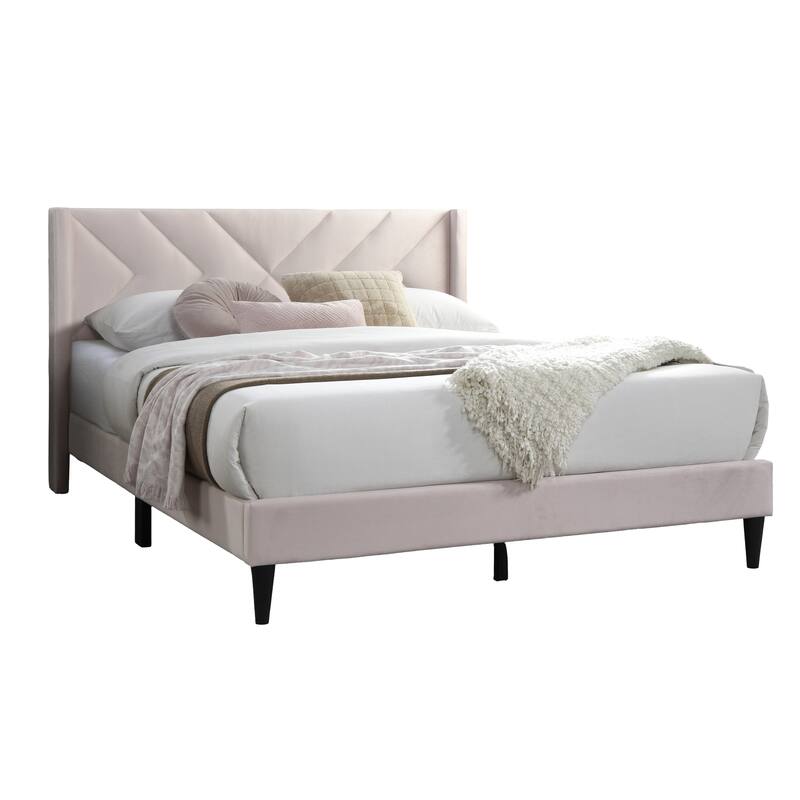 Modern Light Pink Velvet Upholstered Queen Size Bed with Geometric Headboard