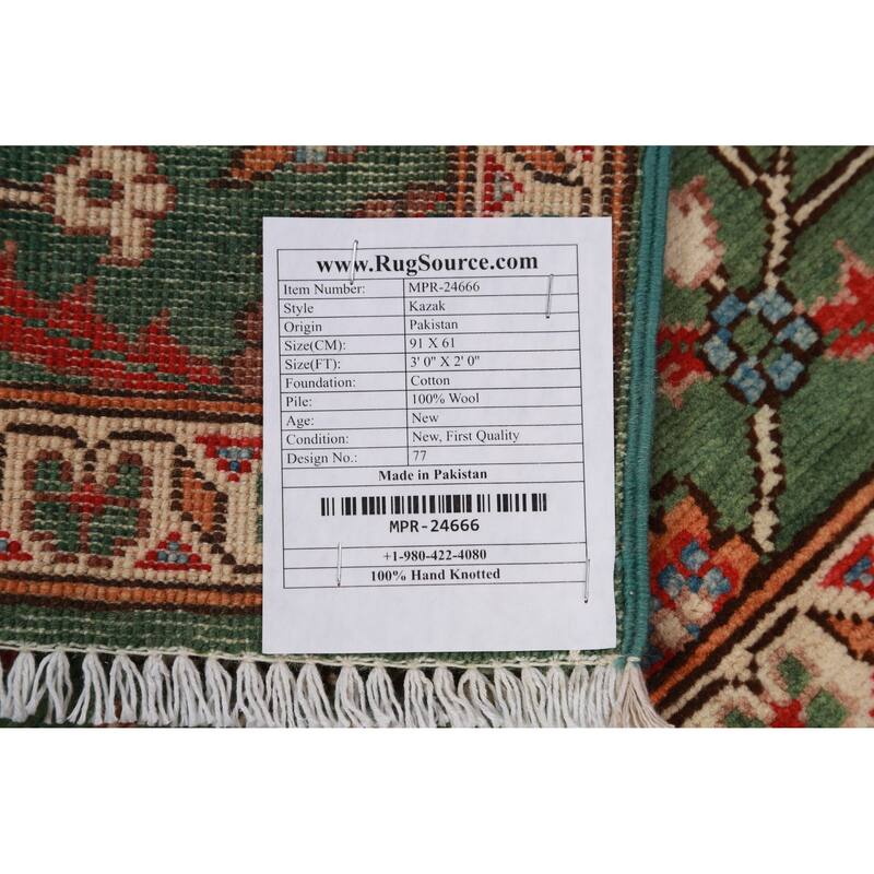 Green Floral Kazak Oriental Accent Foyer Rug Handmade Wool Carpet - 2'0"x 3'0"