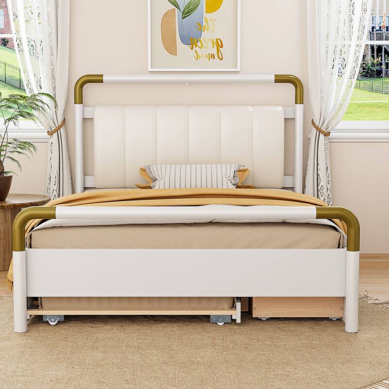 Modern Queen Platform Bed with Soft PU Leather Backrest, Trundle & Storage Drawers, White/Walnut Finish