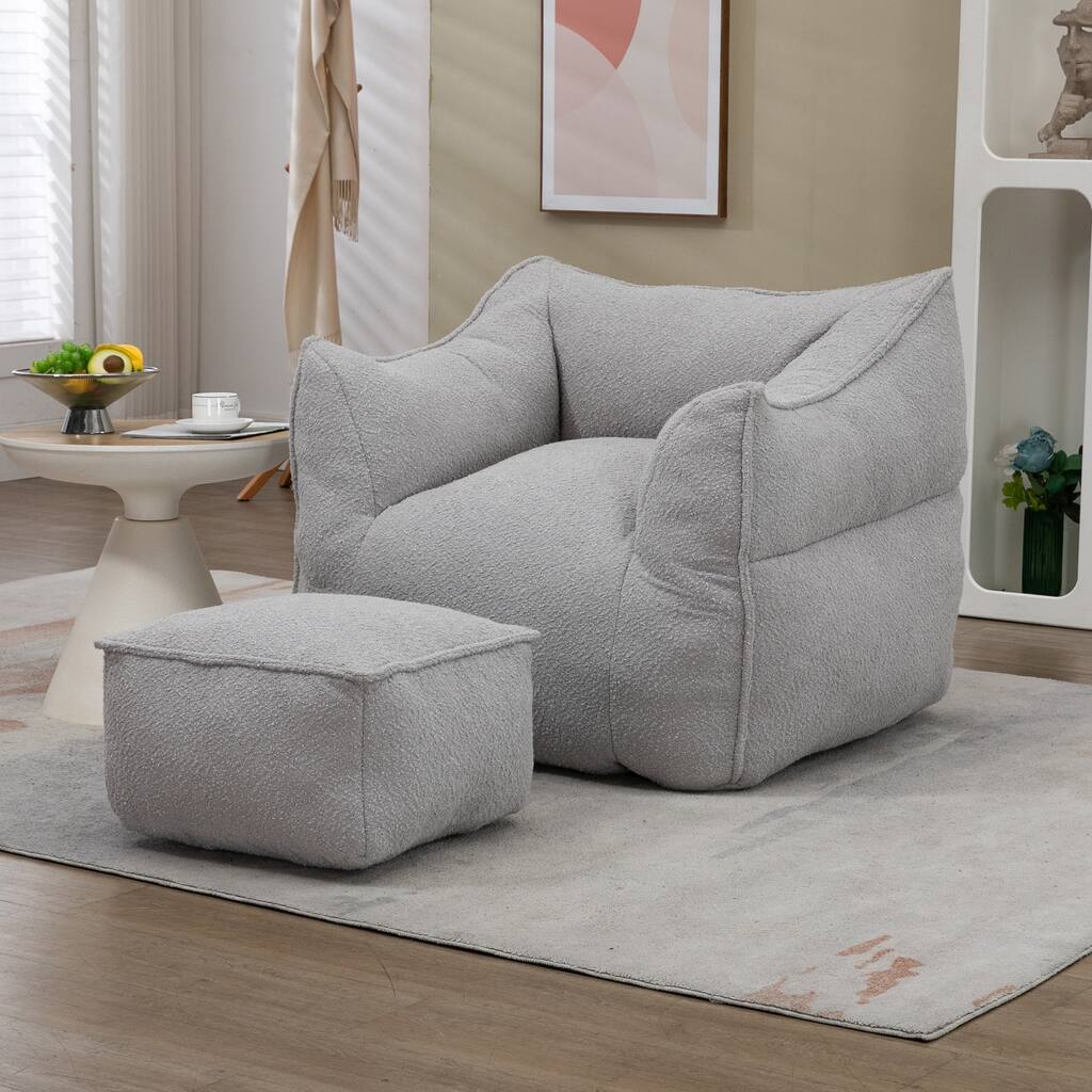 Boucle Upholstered Deep Seat Armless Square Bean Bag Chair with Ottoman