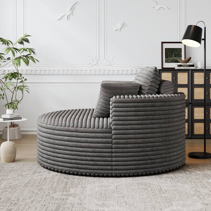 Corduroy Upholstered Single Sofa, Oversized Fluffy Sleeper Chair, Round Reading Chair with Headrest & 2 Pillow
