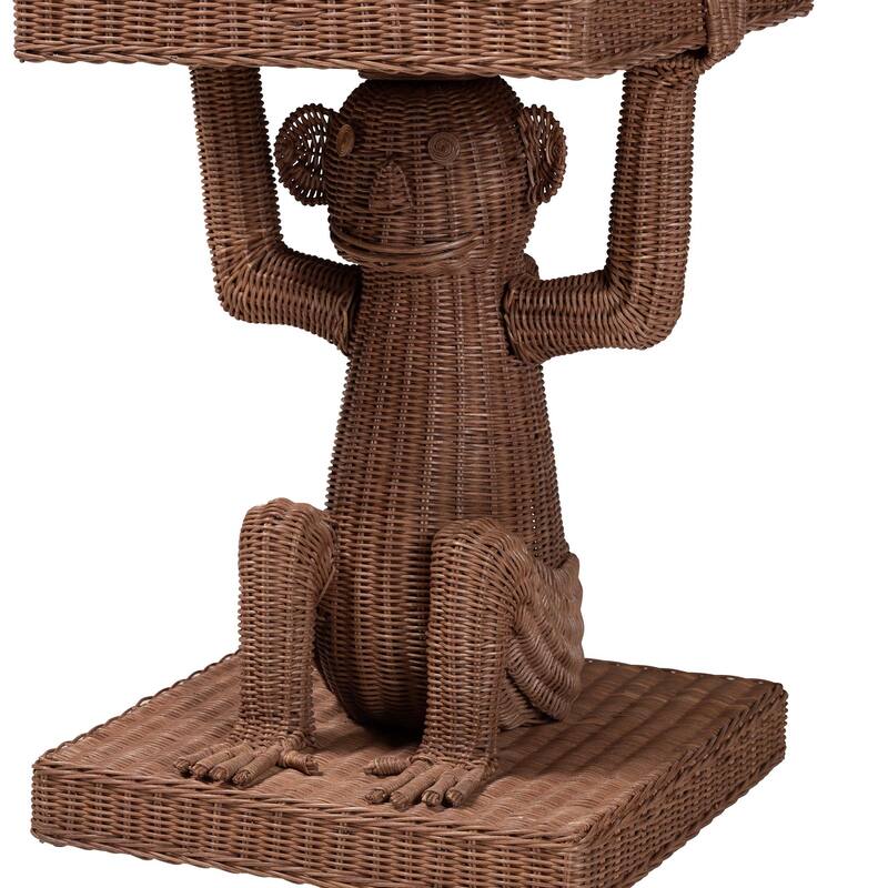 Miyoco Monkey End Table - Handwoven Rattan Sculptural Accent Side Table with Platform Base
