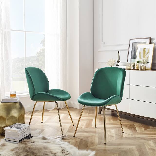 Beetle Design Velvet Dining Chair with Plated Golden Legs - Set of 2 - Teal Green
