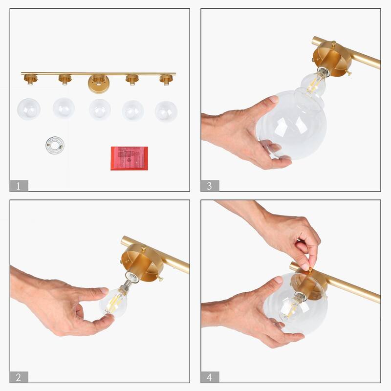 Rella Modern Gold 5-Light Bathroom Vanity Lights Dimmable Globe Glass Wall Sconces - L 34.2" x D 6.3" x H 7.5"