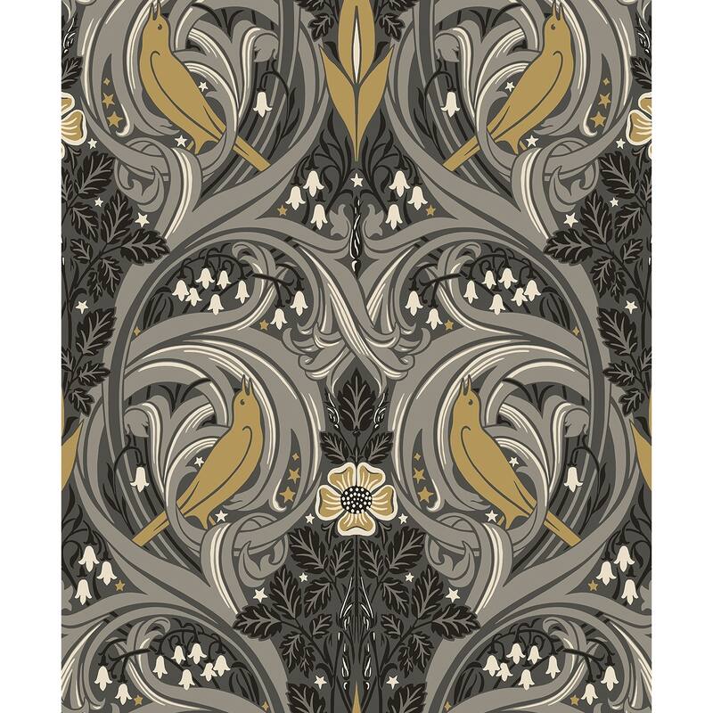 Seabrook Designs Bird Scroll Nonwoven Unpasted Wallpaper - 20.9 in. W x 33 ft. L - Charcoal & Goldenrod
