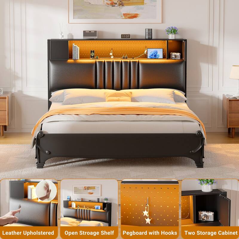 Upholstered Headboard with Storage Shelf and Small Cabinet, Headboard Power Outlet and LED Light