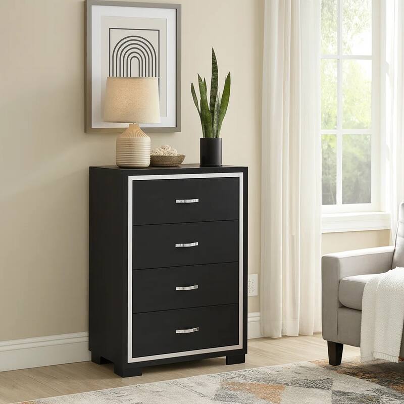 Geny Tall Dresser Chest, 4 Drawers, Silver Trim and Metal Handles, Black