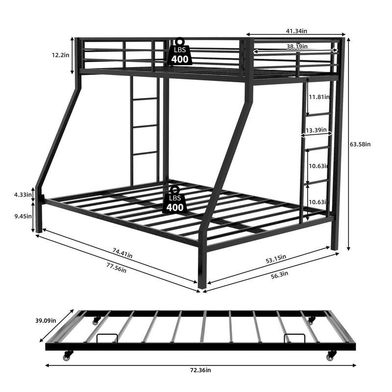 Full Size Minimalist Bunk Bed with Ladder & Rolling Trundle, High-Stability Square Tube Frame, 137cm x 190cm, Black