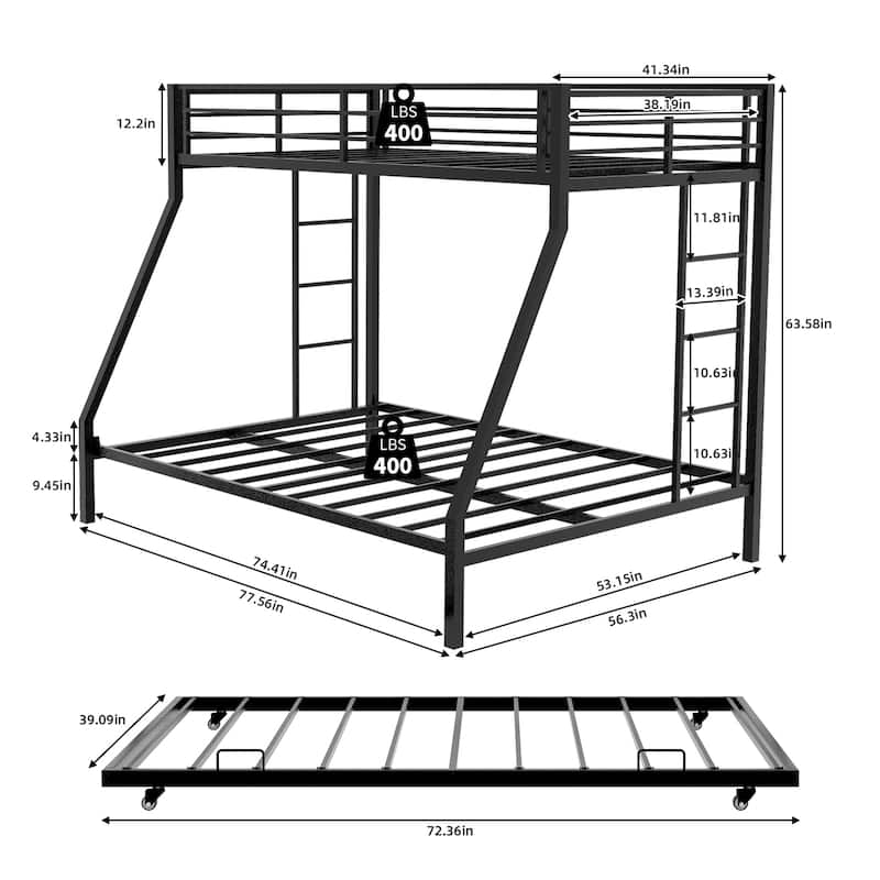 Modern Square Tube Bunk Bed with Ladder and Rolling Trundle Bed