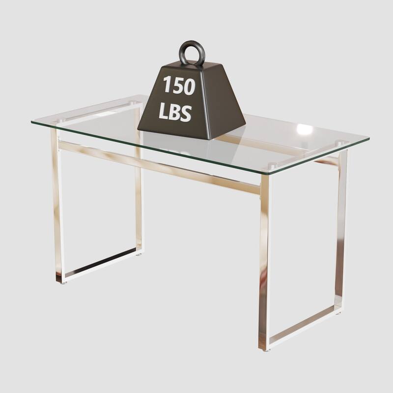 Modern Minimalist Rectangular Glass Dining Table with 0.31" Tempered Glass Tabletop and Silver Chrome Metal Legs