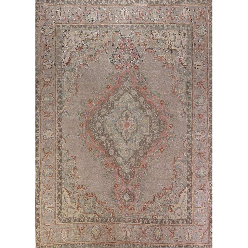 Geometric Beige Tabriz Persian Vintage Rug Handmade Wool Carpet - 9'5" x 12'4"