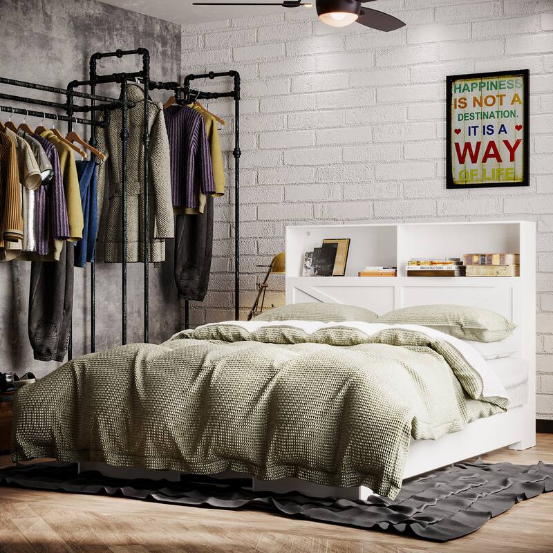 Modern Platform Bed: Sturdy Metal Frame,Barn Door Headboard with Lighting, Built - in Socket & Storage Space