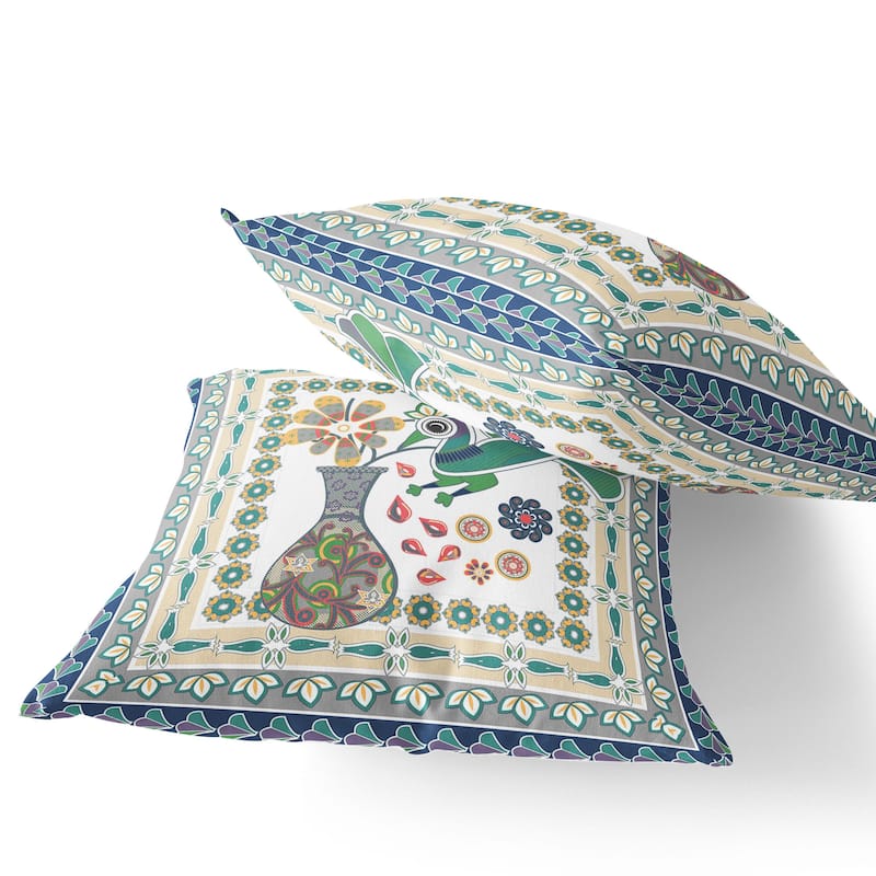 HomeRoots Set of Two 16" X 16" Green and Yellow Peacock Blown Seam Floral Indoor Outdoor Throw Pillow - 16.00' X '16.00' X '5.00