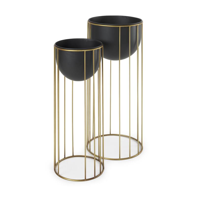 HomeRoots Set of Two Black Metal 20 Ounce Round Pot Planters - 10.43 in. x 25.39 in. x 10.43 in.