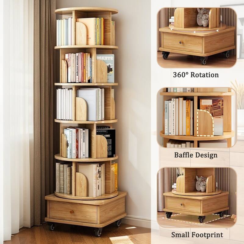 GDF Studio - Purling Modern 6-Tier Wood 360-Degree Rotating Bookshelf with Drawer Storage