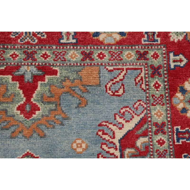 Light Blue Geometric Kazak Rug Handmade Traditional Wool Carpet - 3'0" x 4'11"