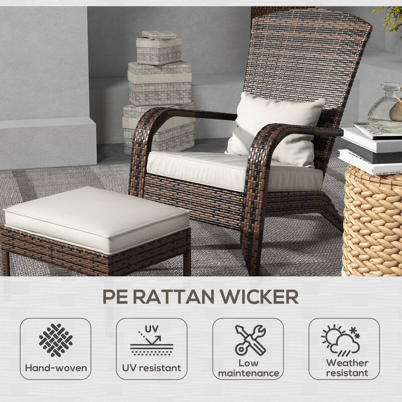 Outdoor Wicker Adirondack Chair with Ottoman, High-Back Lounge Chair with Cushions for Fire Pit, Porch, Patio
