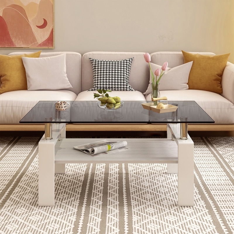 Modern Rectangle Coffee Table with Tempered Glass and MDF Top