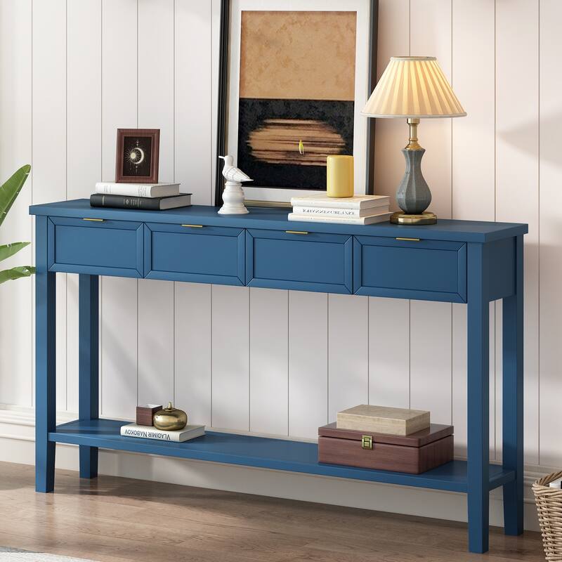 Rectangular Entryway Console Table Hallway Side Table with 4 Drawers & Bottom Shelf